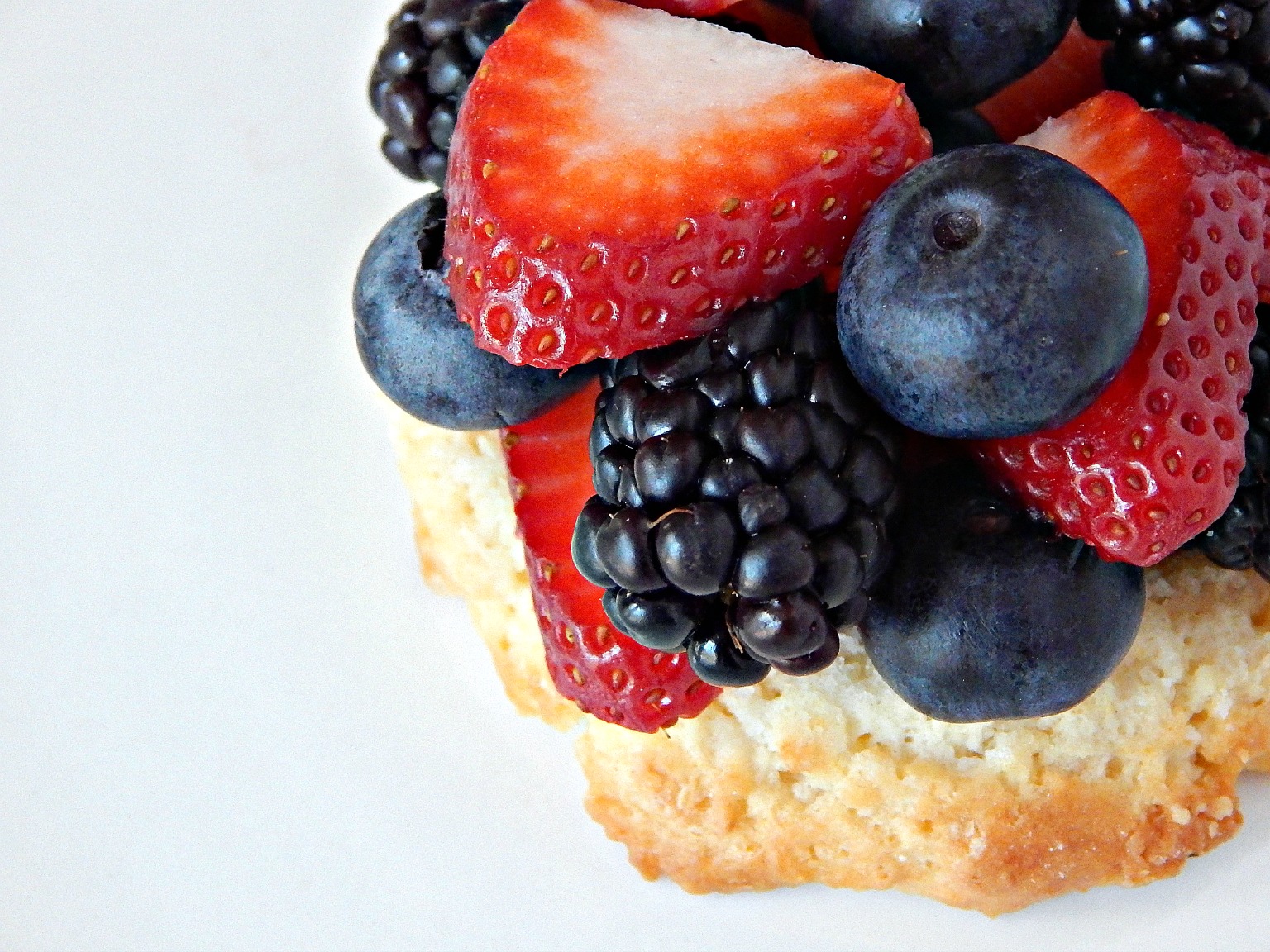 Shortcake and fresh strawberries blueberries blackberries for Berry Shortcakes on SugarBananas