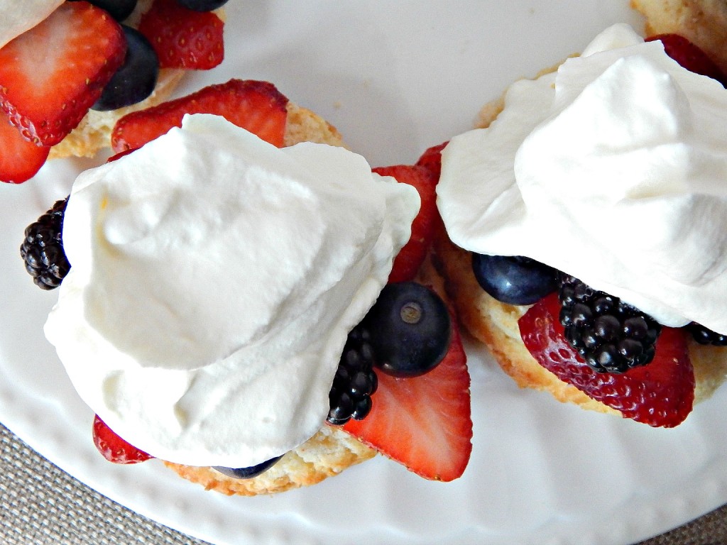 Bursting Berry Shortcakes Strawberries Blackberries Blueberries Whipped Cream Shortcakes on Sugar Bananas