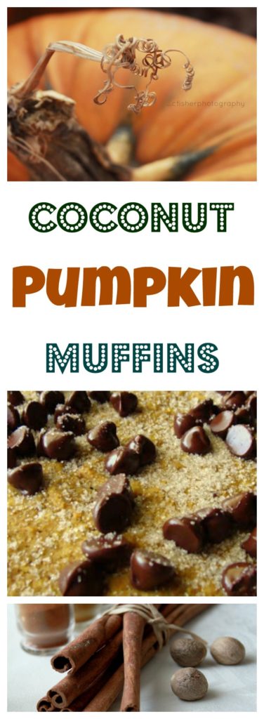 Pinnable image of coconut pumpkin muffins on www.sugarbananas.com