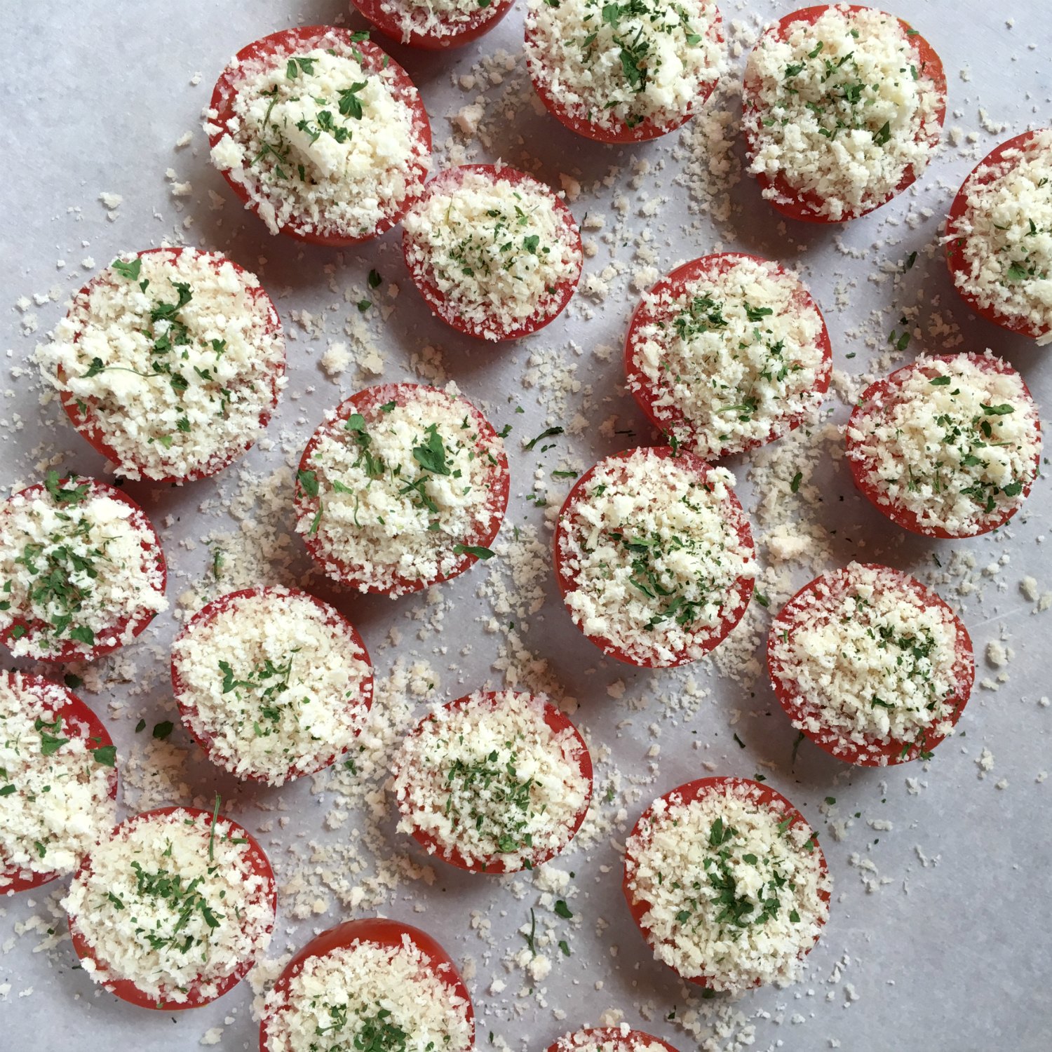 campari tomato halves appetizer covered in parmesan and panko bread crumbs panko parmesan tomatoes