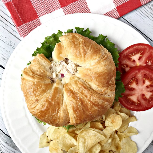 croissant tuna salad sandwich and tomato potato chips picnic www.sugarbananas.com