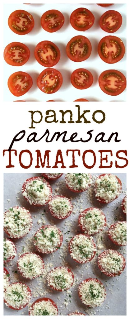 pinnable image of panko parmesan tomatoes