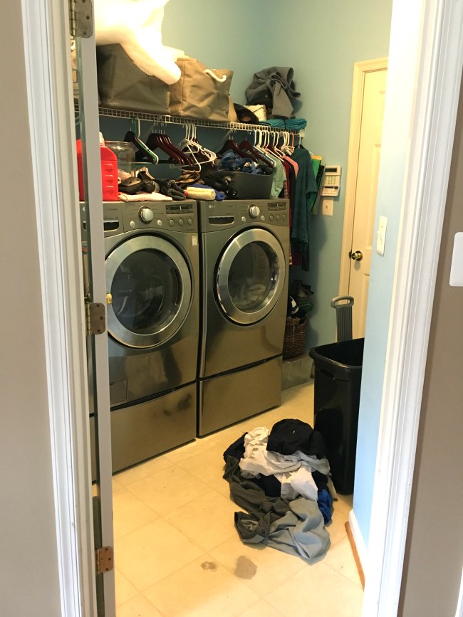 laundry room makeover before photo mess lg washer dryer entryway junk dump