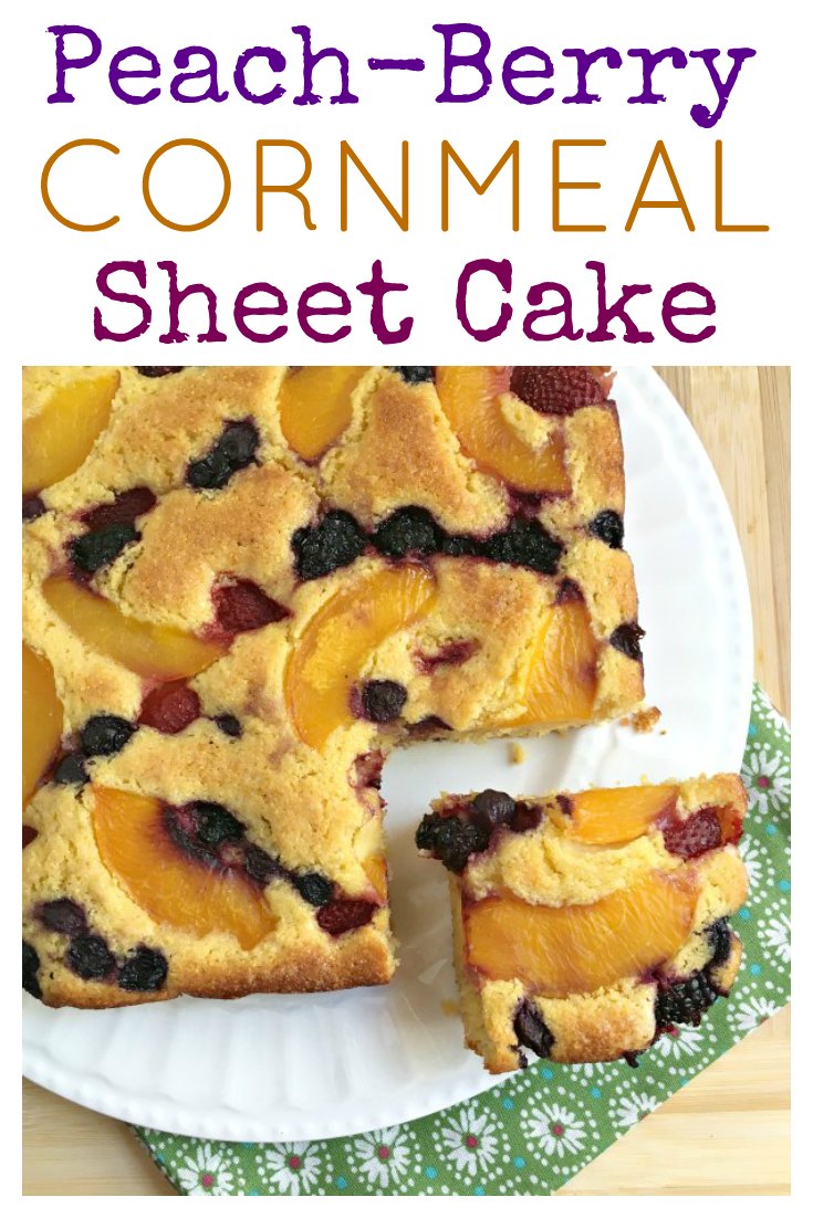 Peach Berry Cornmeal Sheet Cake on www.sugarbananas.com